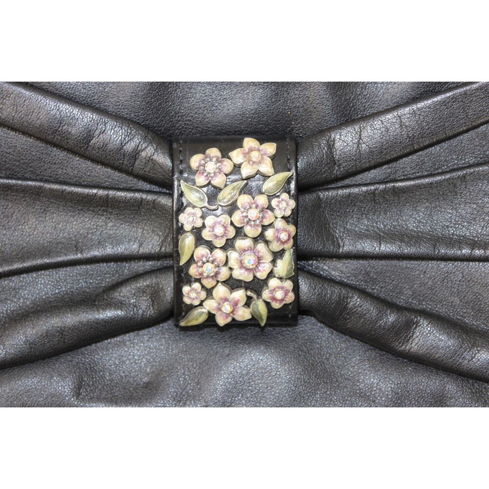 BRIGHTON Clutch Mini Purse Bag Wristlet Black Leather Floral Adorned BOW - Picture 3 of 8